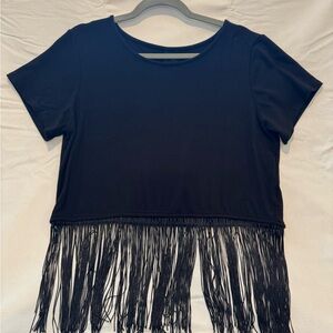 W5 Black Fringe Hem Short Sleeve Top